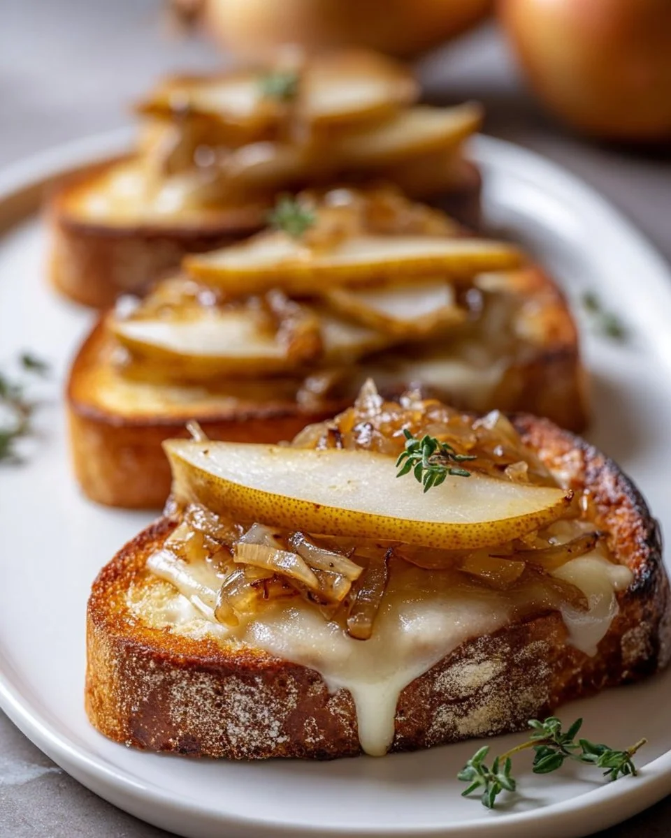Birnen- und Äpfel-Toast mit karamellisierten Zwiebeln