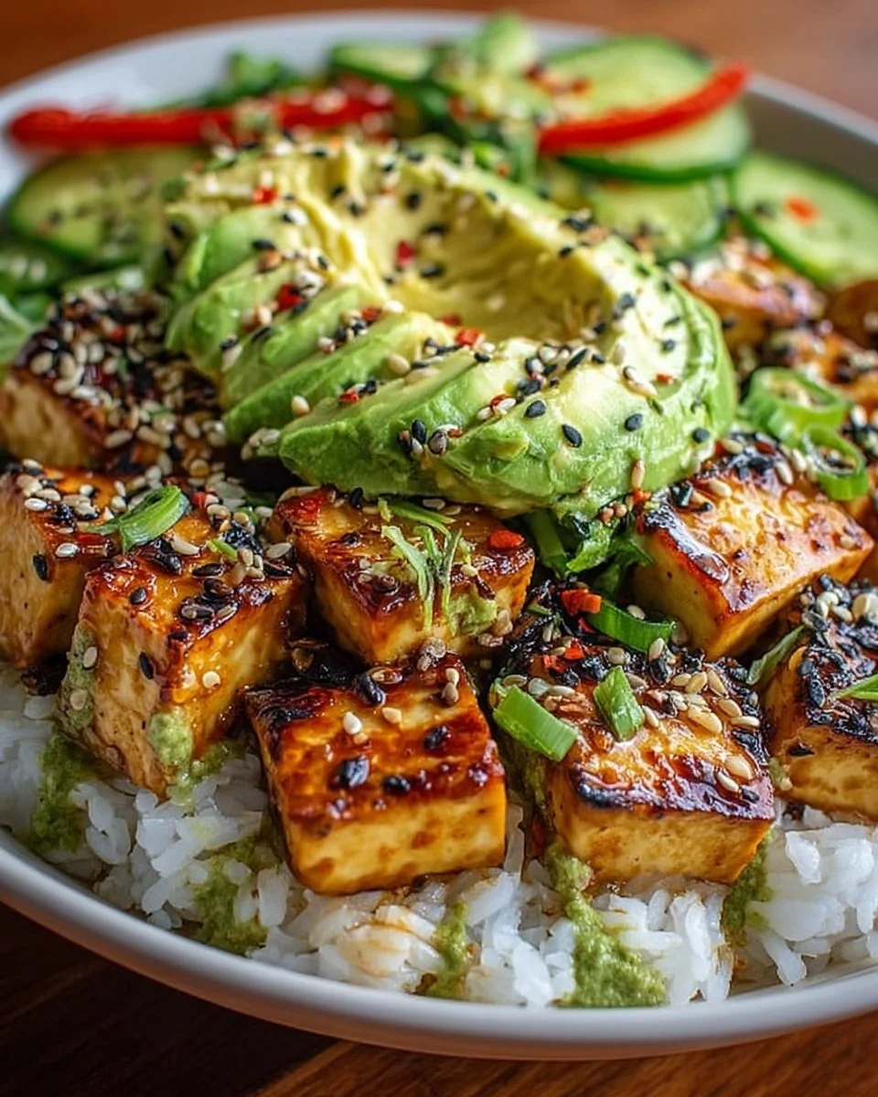 Cremige Avocado-Tofu-Reis-Bowl mit frischen Zutaten