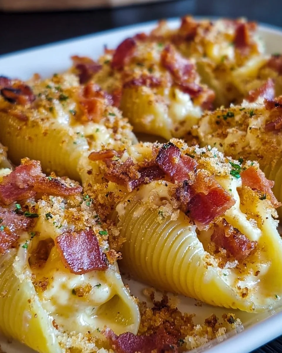 Cremige gefüllte Bacon Mac und Cheese Muscheln
