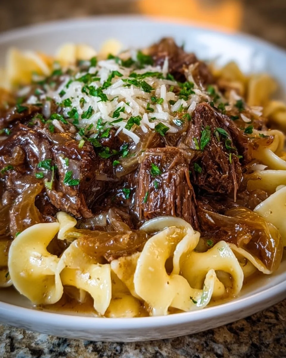Crockpot Französischer Zwiebel-Rinderbraten-Nudeln: Eine herzhafte Freude!