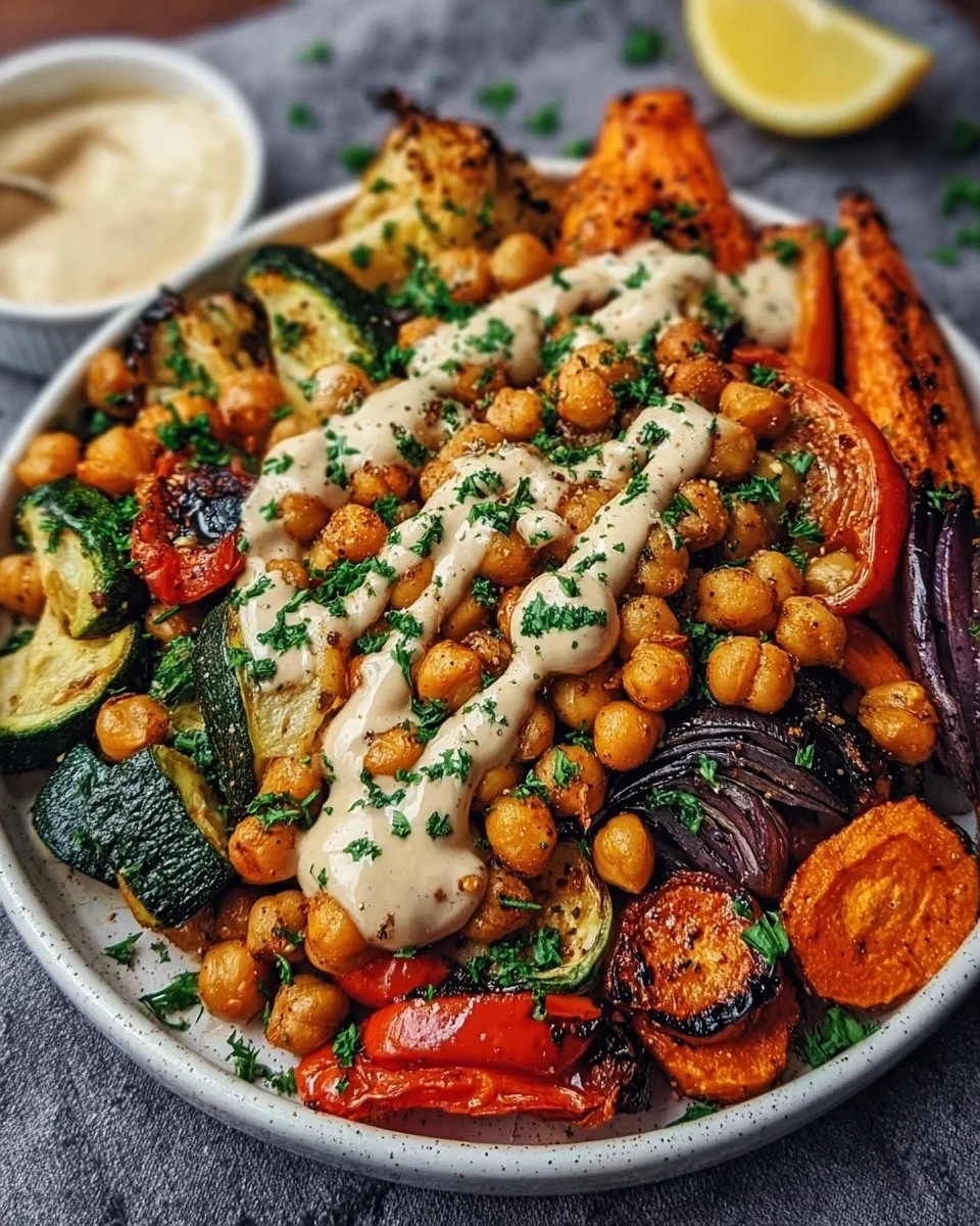 Geröstetes Gemüse mit Kichererbsen und Tahini-Dressing
