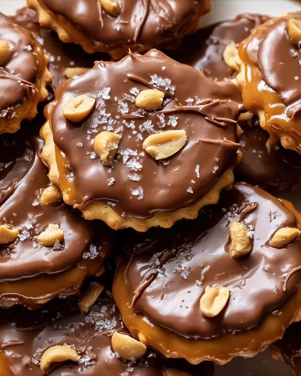 Karamell-Erdnuss-Ritz-Cracker als süßer Snack auf einem Teller