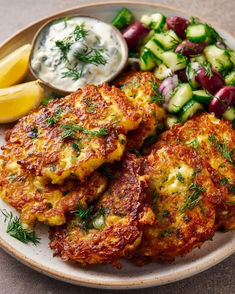 Knusprige Kartoffel-Feta-Puffer mit Joghurt-Gurken-Sauce