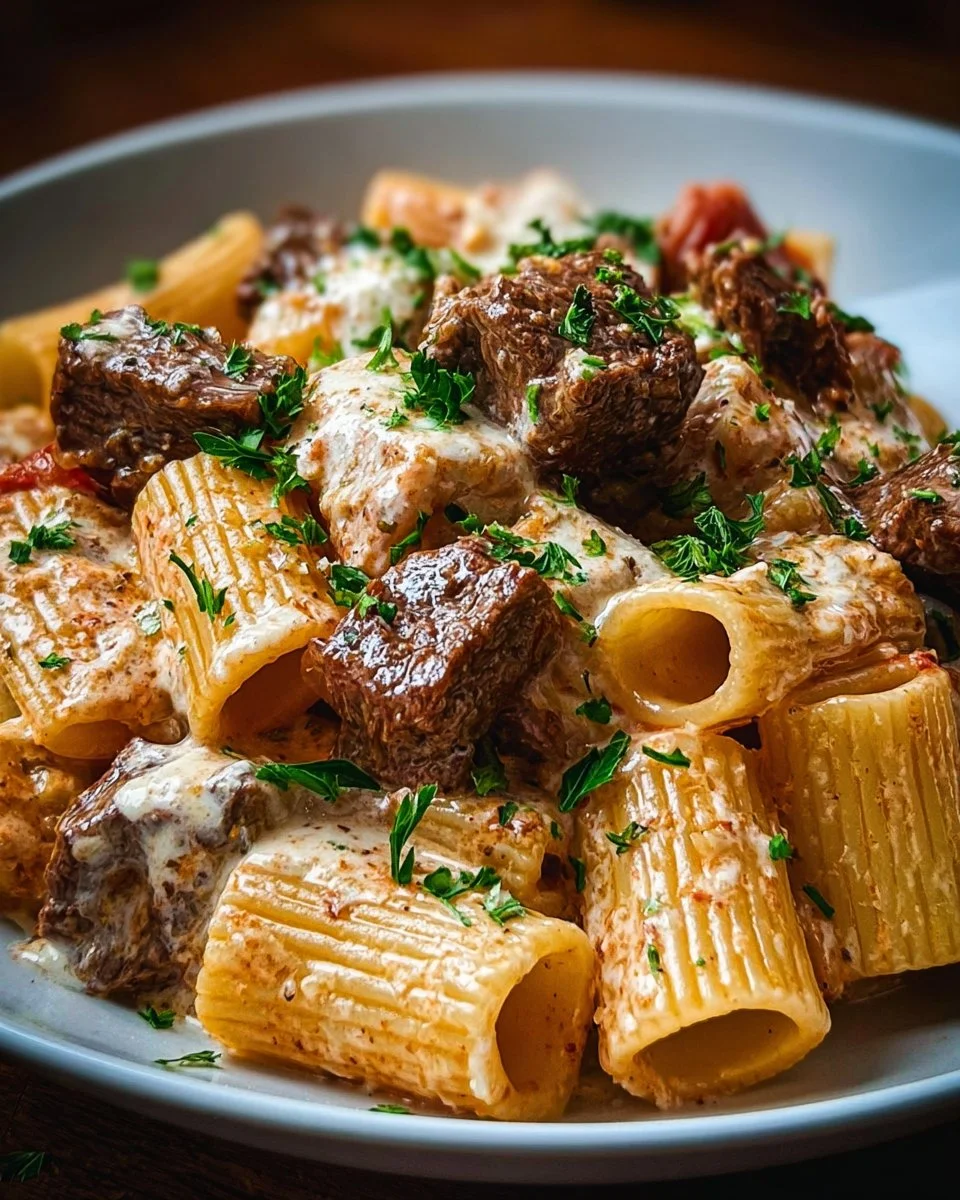 Rigatoni with tender beef in Parmesan sauce