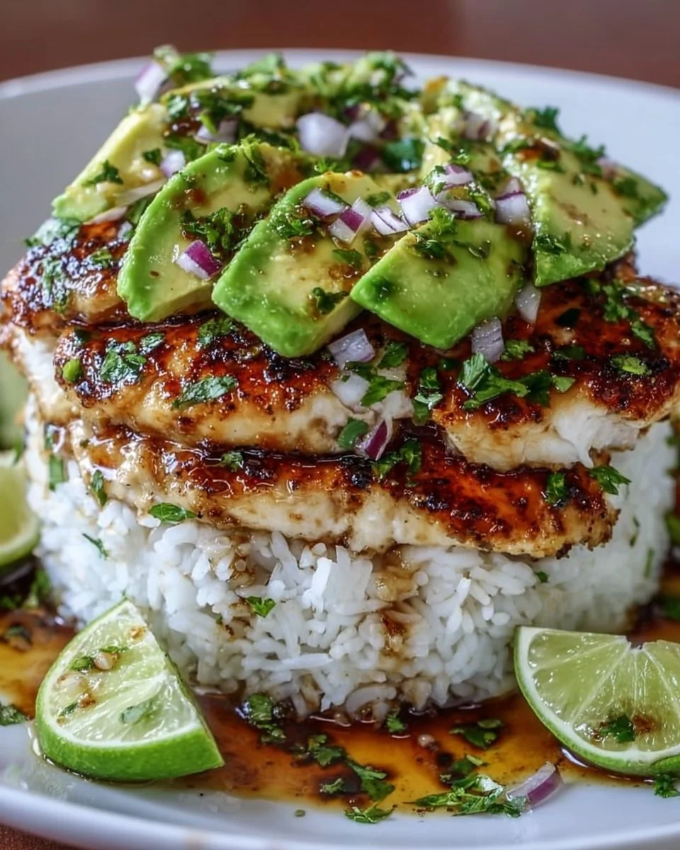 Säuerlicher Honig-Limetten-Hühnchen- und Avocado-Reis-Stapel