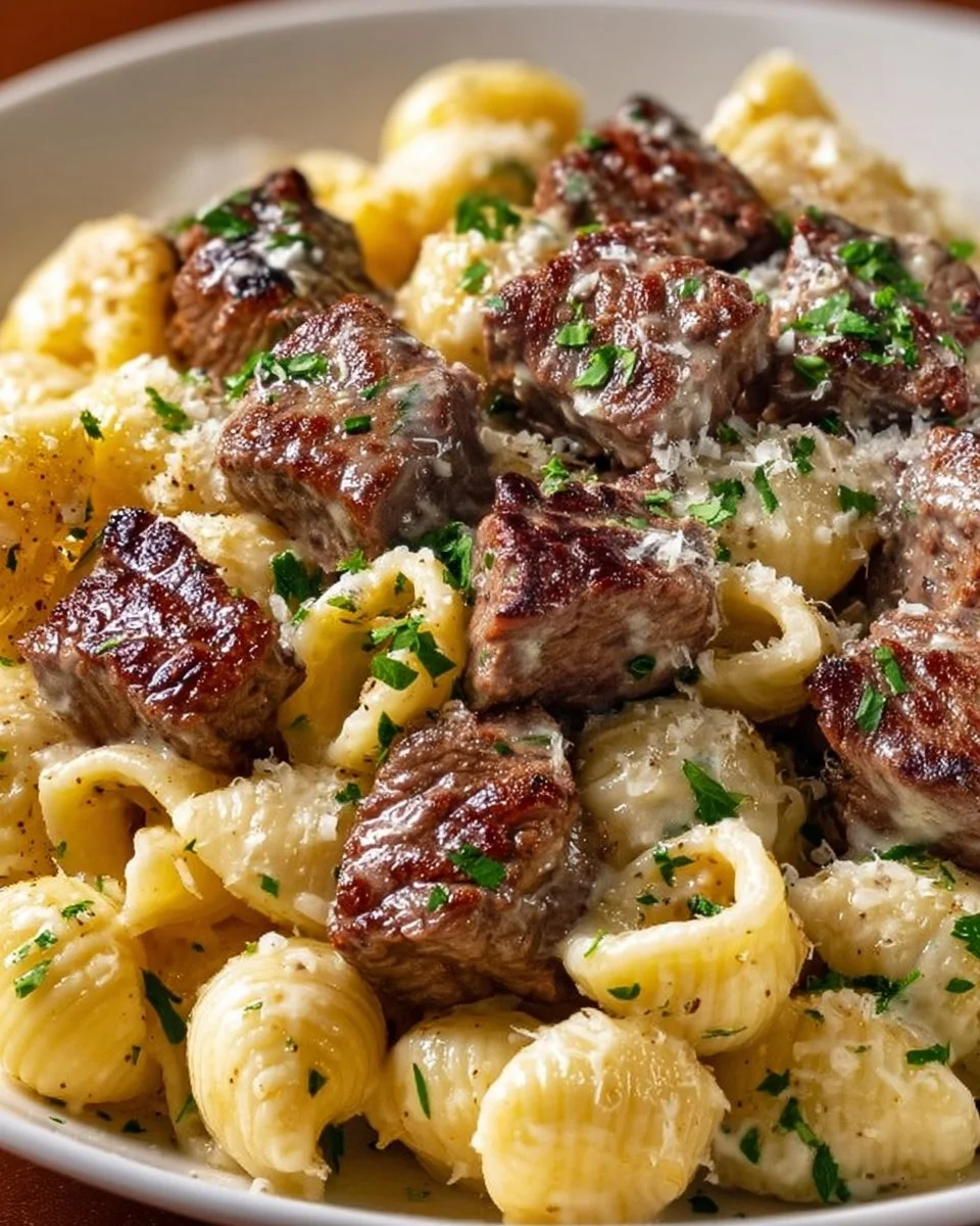 Steakbites und Schalenpasta in Knoblauch-Butter-Alfredosauce-Delikatesse!