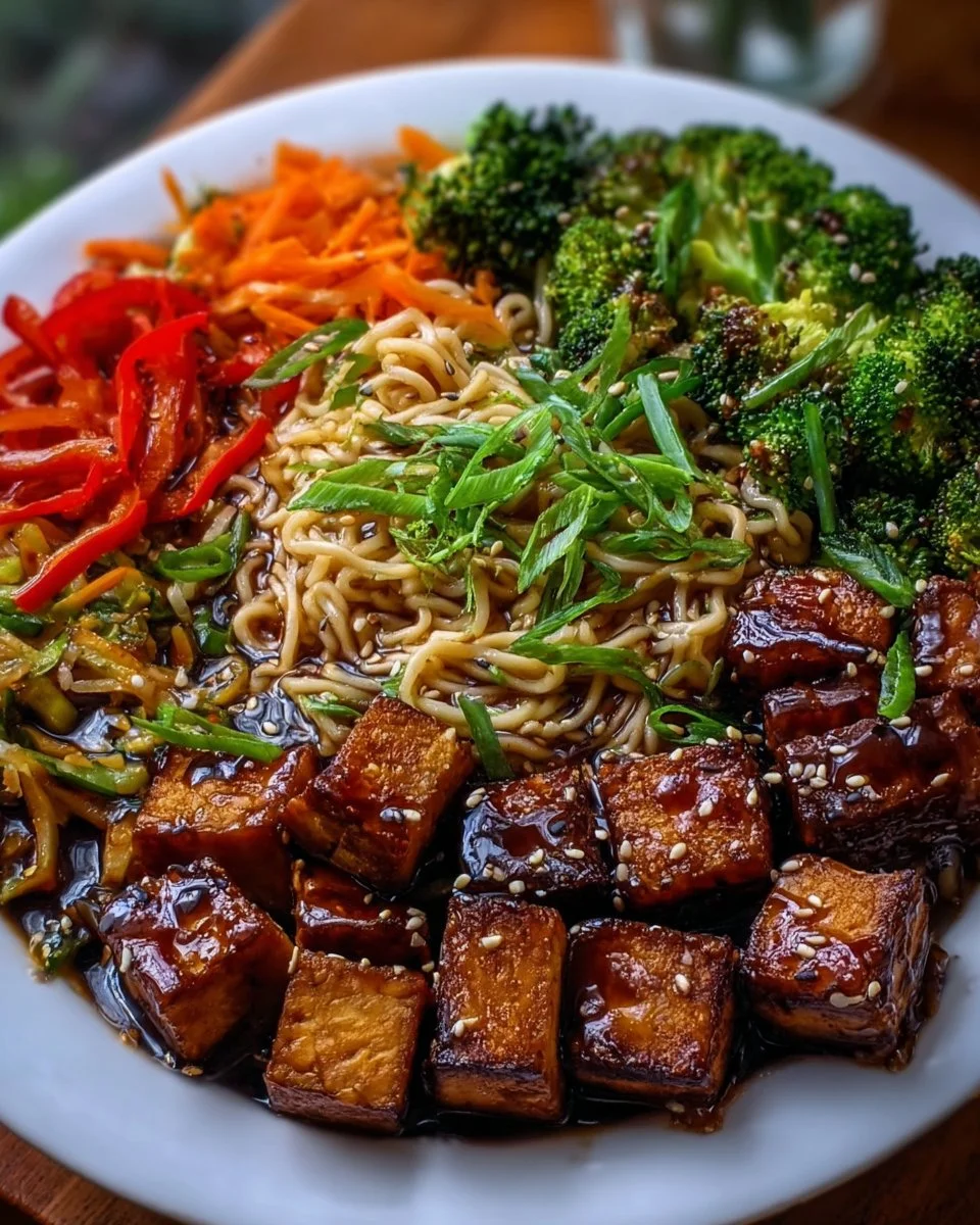 Vegane Teriyaki-Nudel-Bowl mit buntem Gemüse und leckerer Soße