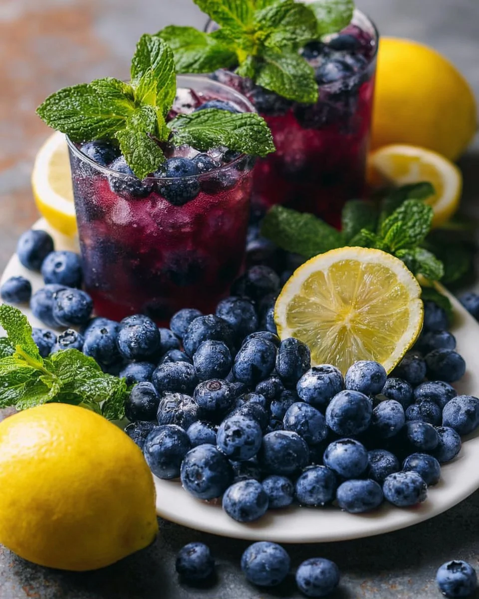 Glas mit Blaubeer-Zitronen-Limonade, dekoriert mit frischen Blaubeeren und Zitronenscheiben.