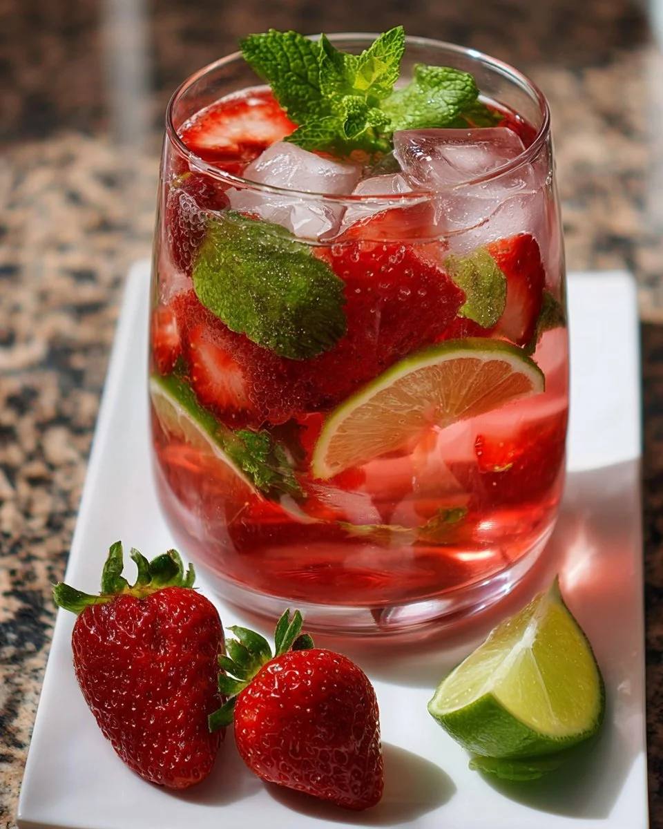 Erdbeerbowle in einem Glas mit frischen Erdbeeren und Minze