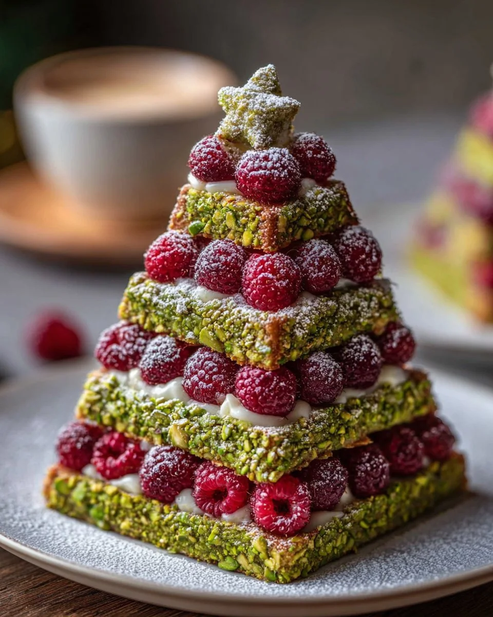 Pistachio Christmas Trees with Raspberry Filling