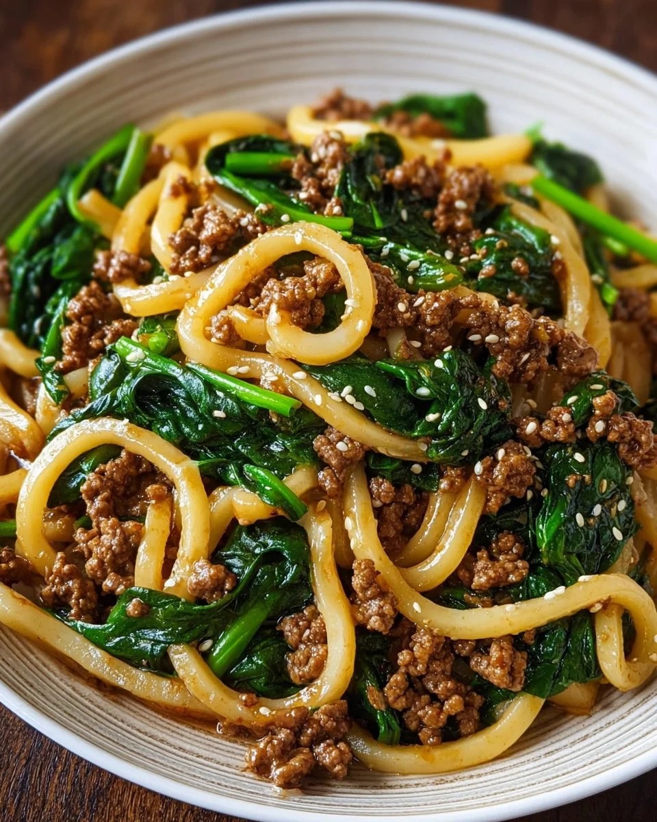 Udon-Nudeln mit Rinderhack und Spinat
