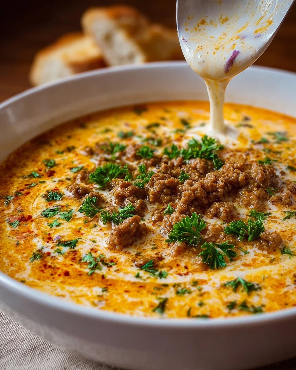 Warme Käsesuppe mit Hackfleisch