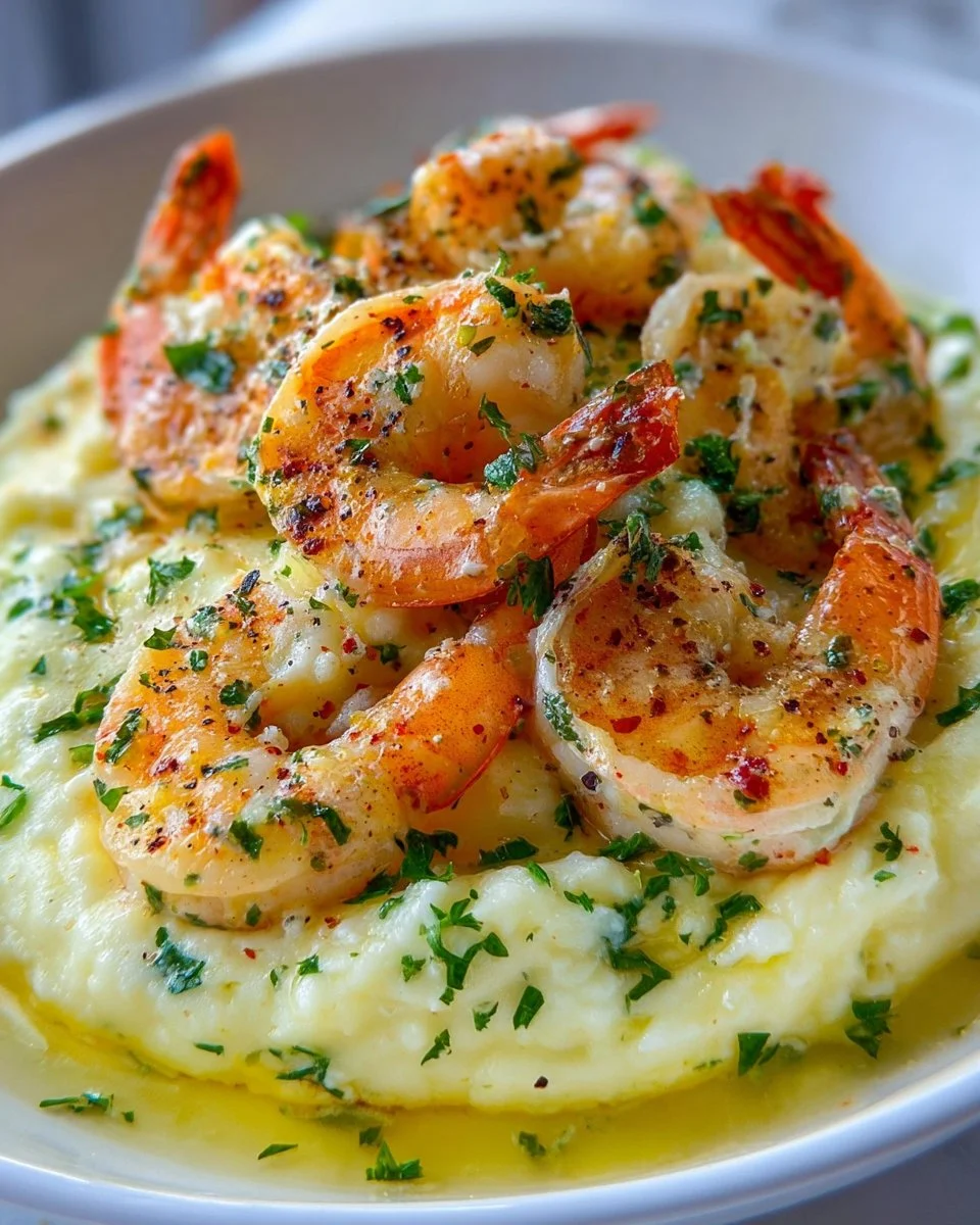 Cremige Knoblauch-Shrimps mit Kartoffelpüree
