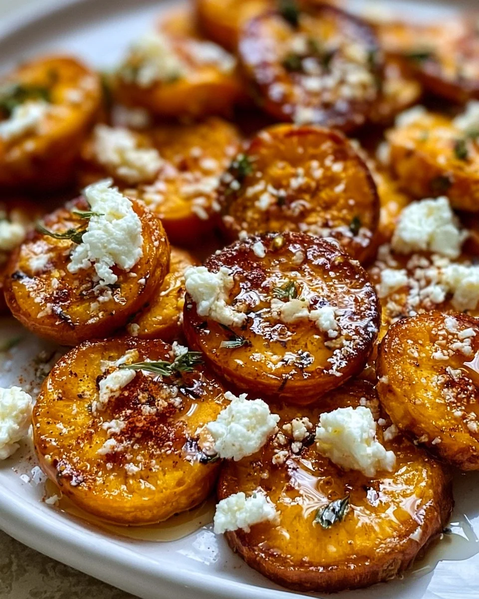 Gebratene Süßkartoffelscheiben mit Honig und Feta