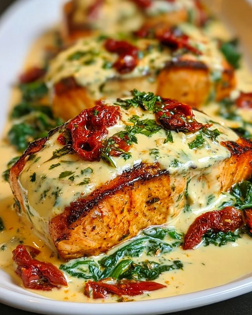 Gebratener Lachs mit Sahne und Spinat