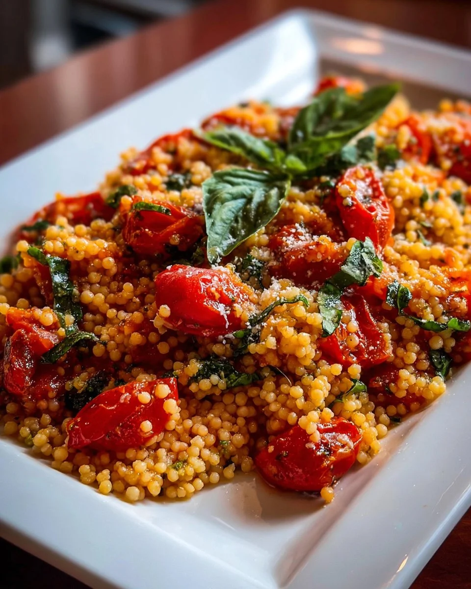 Gesunder Eintopf-Couscous mit Knoblauch, Tomaten und Basilikum