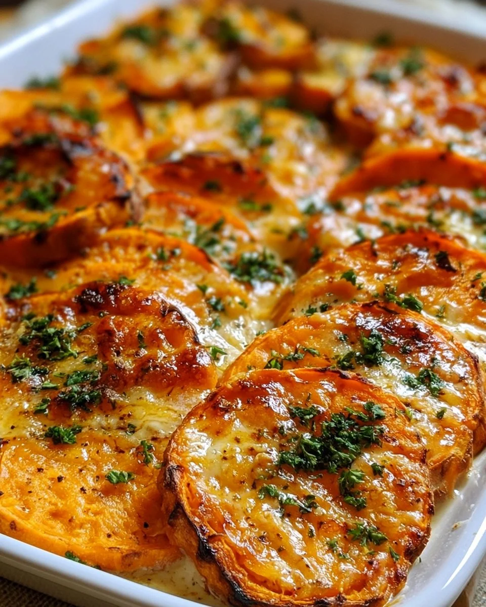 Knoblauch-gratinierte Süßkartoffeln