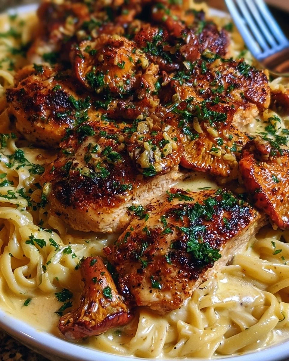 The title is already in German. It translates to The Magic of Garlic Butter Chicken with Fly Agaric Pasta in English.